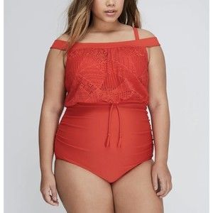 Swim by Cacique Off The Shoulder Blouson Swimsuit One Piece Bandeau Bra 46DD